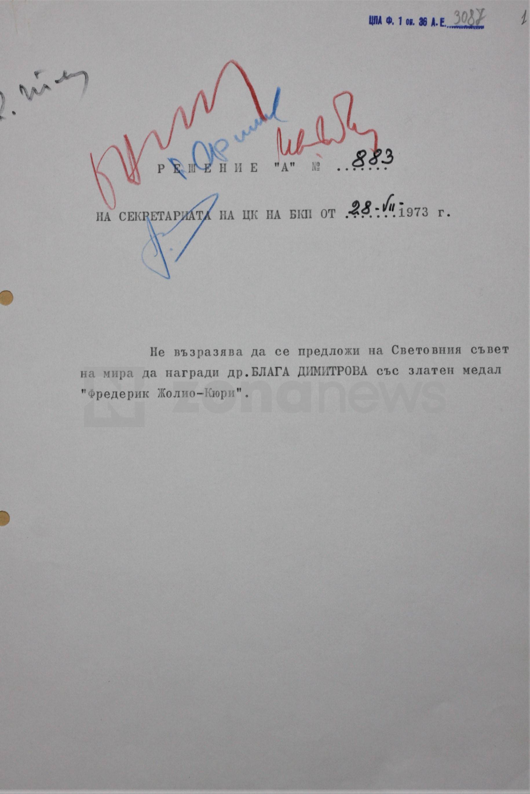 Решение на Секретариата на ЦК на БКП за награждаване на Блага Димитрова